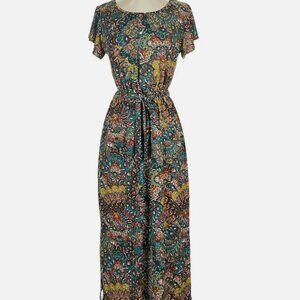 Joie De Vivre Green Print Dress Women's 3X with Tie Waist Casual Summer Wear